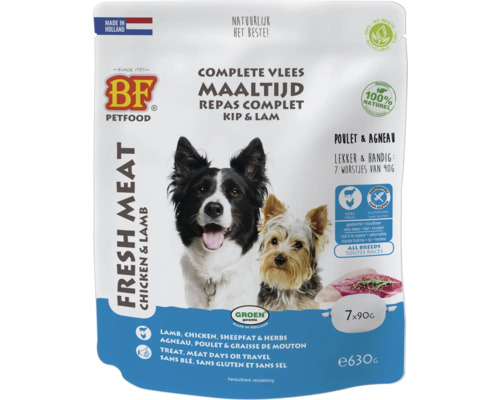 BIOFOOD Vleesvoeding compleet lam 7 x 90 gr BF Petfood complete maaltijd voor honden met kip en lam, 630 gram