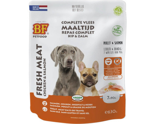 BIOFOOD Vleesvoeding compleet zalm 7 x 90 gr BF Petfood complete vleesmaaltijd kip en zalm voor honden, verpakking van 630 gram