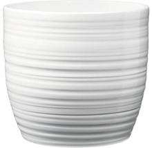 Witte bloempot met horizontale ribbelstructuur.