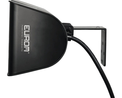 Eurom-logo op een zwarte terrasverwarmer met beugel