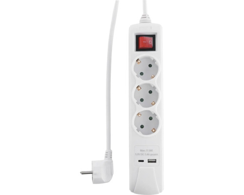 Verlengsnoer met drie geaarde stopcontacten en twee USB-poorten