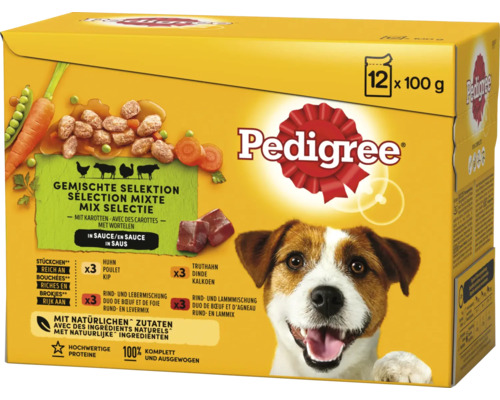 PEDIGREE Adult selection maaltijdzakjes MP Pedigree Gemengde Selectie in saus zakje, 12 maal 100 gram, complete diervoeding voor honden