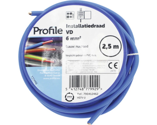 Blauwe installatiedraad met 6 mm² doorsnede en 2,5 meter lengte