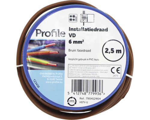 Installatiedraad, 6 mm², bruin, 2,5 meter