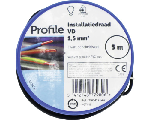 Profile installatiedraad VD 1,5 mm², zwarte schakeldraad, 5 meter rol