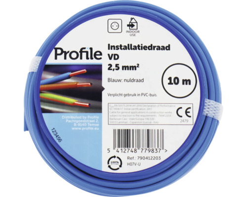 Profile installatiedraad VD 2,5 mm², blauwe nulleiderdraad, 10 meter rol voor gebruik binnenshuis