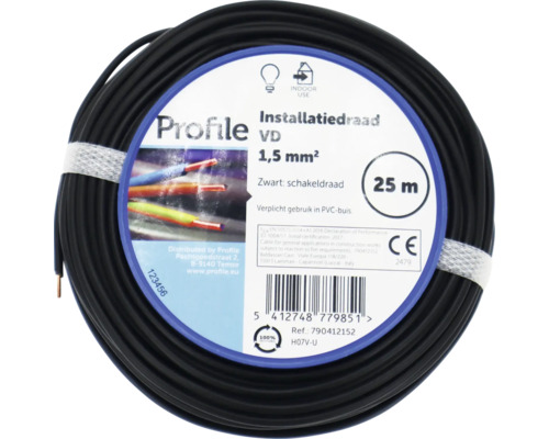 Zwarte schakeldraad met een diameter van 1,5 mm en een lengte van 25 meter op een rol.