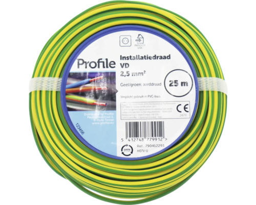 Profiel installatiedraad VD 2,5 mm², geelgroene aardedraad, rol van 25 meter