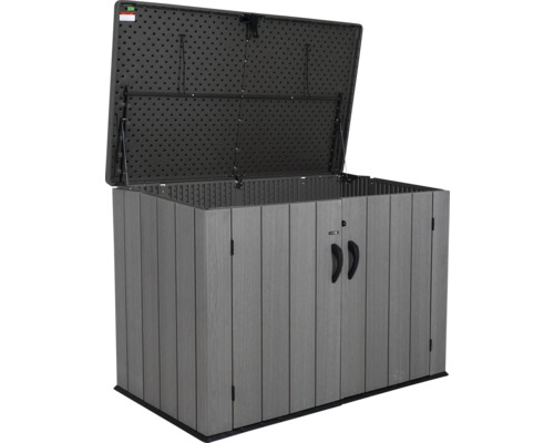 Geopende grijze gereedschapskist voor buiten voor het opbergen van tuingereedschap