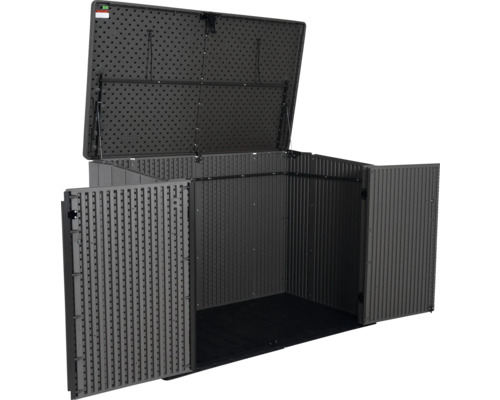 Geopende kunststof gereedschapsschuur met deur en deksel