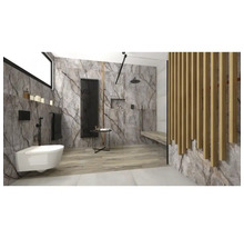 Moderne badkamer met toilet, douche en radiator voor marmeren tegels