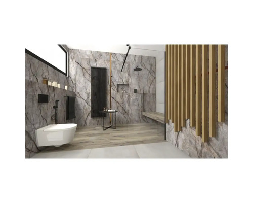 Moderne badkamer met toilet, douche en radiator voor marmeren tegels