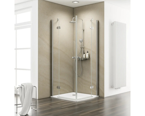 SCHULTE Douchecabine hoekinstap ExpressPlus MasterClass 90x90 cm chroom Inloopdouche in hoekopstelling met douchearmatuur en plank in lichte badkamer