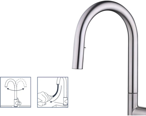 Keukenkraan van roestvrij staal met draaibare uitloop en doucheslang