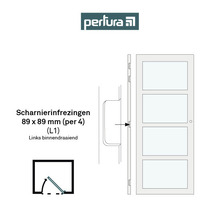 Perlura Logo. Illustratie van een binnendeur met vier panelen, specificatie van de scharnieruitsparingen 89 x 89 millimeter (per 4) (L1), linksdraaiend.