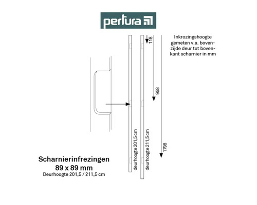 Technische tekening van een deur met scharnieruitsparingen en maatvoering
