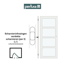 Perlura Logo. Illustratie van een deur met verdekte scharnieren (drie stuks) en uitsparingen voor scharnieren, links binnendraaiend