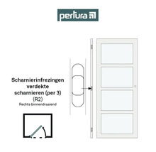 Perlura logo. Illustratie van een binnendeur met verdekte scharnieren en draairichting.