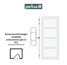 Perlura logo. Afbeelding van een binnendeur met verdekte scharnieren inclusief freesuitsparingen voor vier scharnieren en draairichting rechts binnen.