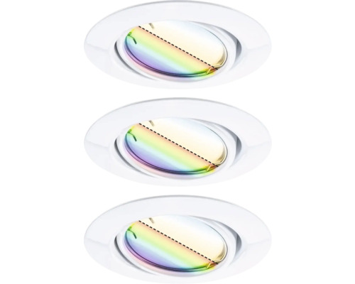 Drie witte inbouwspots met regenboogpatroon