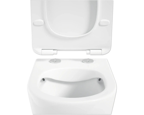Detailaanzicht van een witte wandcloset met open toiletzitting