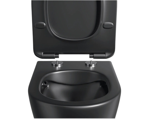 Zwart wandtoilet met open spoelrand en toiletzitting