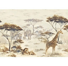 Illustratie van een Afrikaanse savanne met olifanten, giraf en leeuw