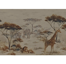 Behang met Afrikaans dierenmotief, inclusief leeuw, giraffe en olifanten.
