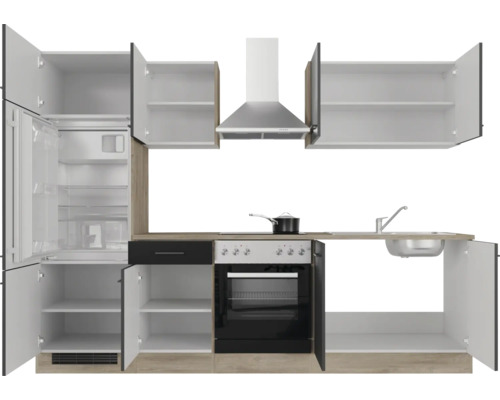 Keukenblok met koelkast, kookplaat, spoelbak en afzuigkap
