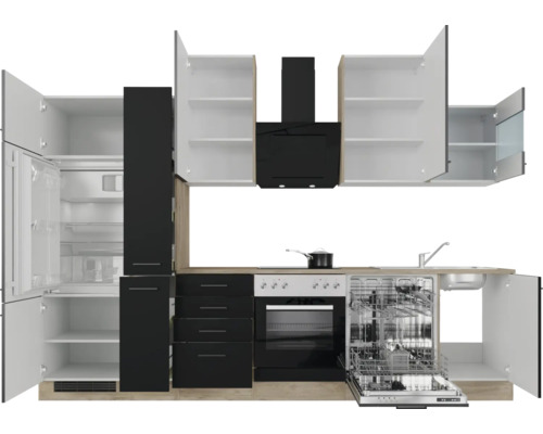 Complete keuken met elektrische apparaten, inclusief koelkast, vaatwasser, fornuis, oven en afzuigkap.