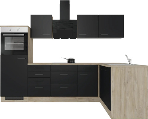 Keuken met bovenkasten, afzuigkap, gootsteen en inbouwoven