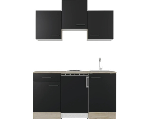 Keukenblok met wasbak, kookplaat, koelkast en bovenkasten