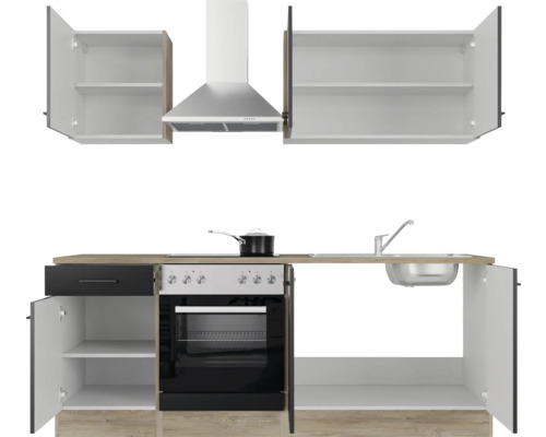 Keukenblok met bovenkasten, afzuigkap, spoelbak, kookplaat en oven