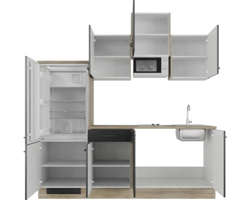 Complete keuken met koelkast, spoelbak, kraan, magnetron en opbergruimte