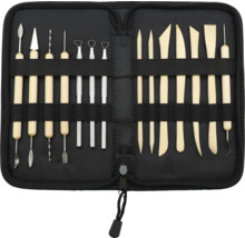 Gereedschapsset met verschillende modelleergereedschappen in een etui met ritssluiting