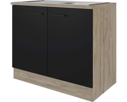 FLEX WELL Spoelblok inclusief spoelbak en aanrecht Capri zwart 100x60x85 cm Spoelbakonderkast met twee zwarte deuren en handgrepen