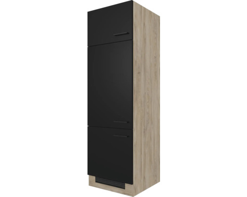 FLEX WELL Koelombouwkast voor 88e inbouwkoelkast Capri zwart 60x57x200 cm Keukenhoge kast met zwart front en houten decor