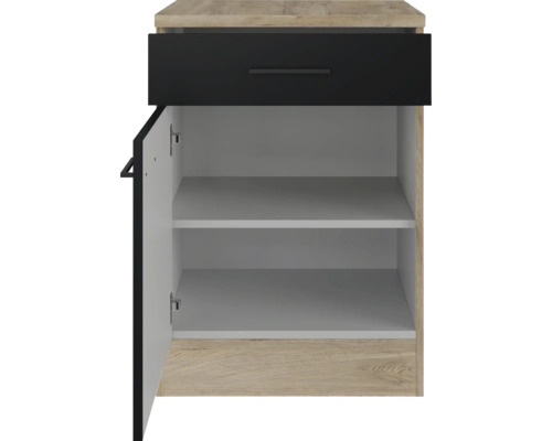 Onderkast met lade en open deur met twee planken