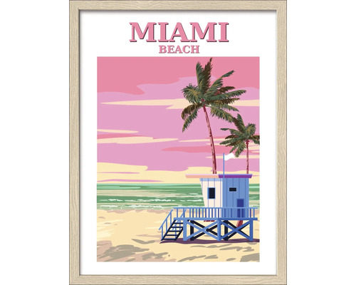 Ingelijste afbeelding met een weergave van Miami Beach met strandwachtpost en palmbomen
