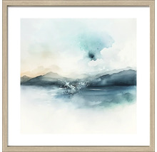 Ingelijste aquarel schilderij van een merengebied met bergen