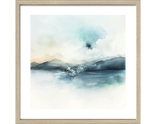 Ingelijste aquarel schilderij van een merengebied met bergen