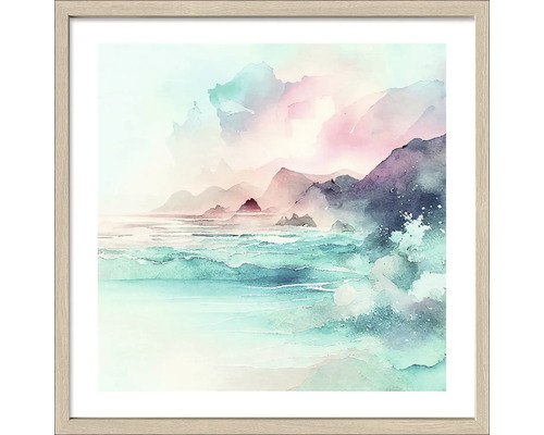 Ingelijste afbeelding met aquarelvoorstelling van een kustlandschap