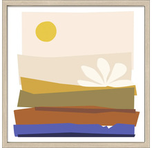 Ingelijste abstracte landschapskunst met zon en gestileerde bloem