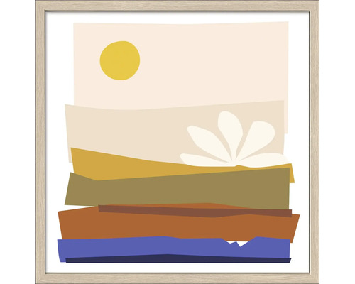 Ingelijste abstracte landschapskunst met zon en gestileerde bloem