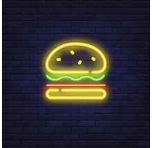 Neonreclame burger voor een bakstenen muur