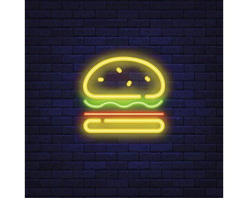 Neonreclame burger voor een bakstenen muur