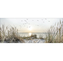 Decoratieve muurafbeelding met helmgras en meeuwenvlucht boven de zee