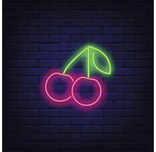 Neon kersenbord op een bakstenen muur