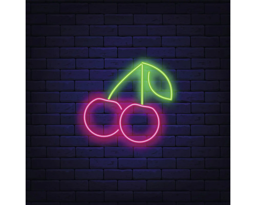Neon kersenbord op een bakstenen muur
