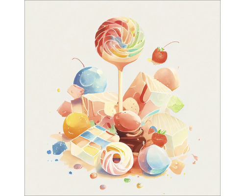 Illustratie van diverse snoepjes zoals lolly''s en suikergoed.